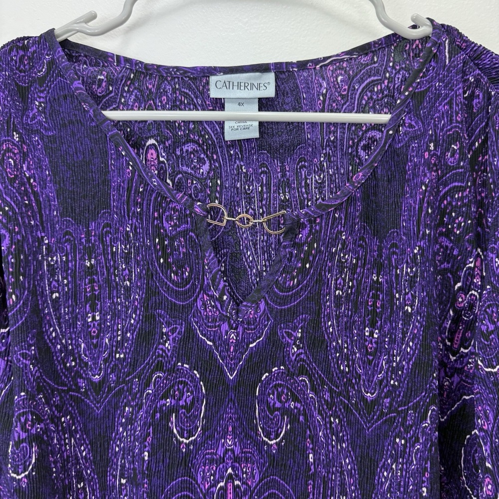 Catherines Purple Affinity Chain‎ Pleated Georgette 3/4 Sleeve Blouse Size 4X - Picture 4 of 8
